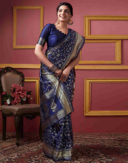 Navy Blue Floral Banarasi Silk Saree