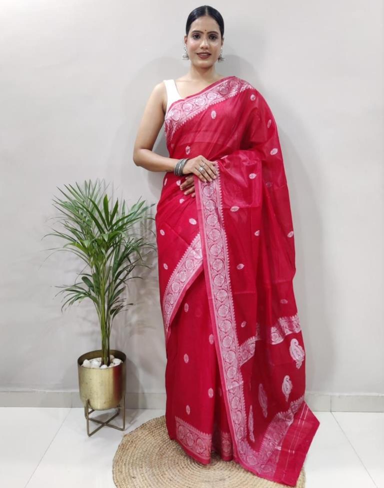 B1G1 Red Jacquard Cotton Saree