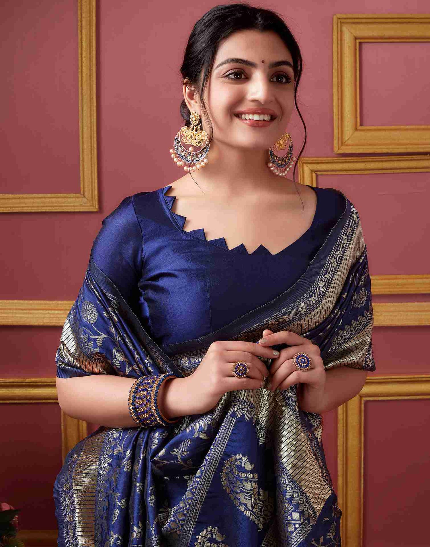 Navy Blue Floral Banarasi Silk Saree