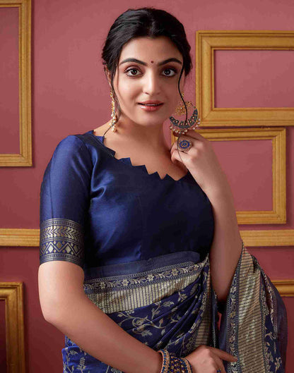 Navy Blue Floral Banarasi Silk Saree