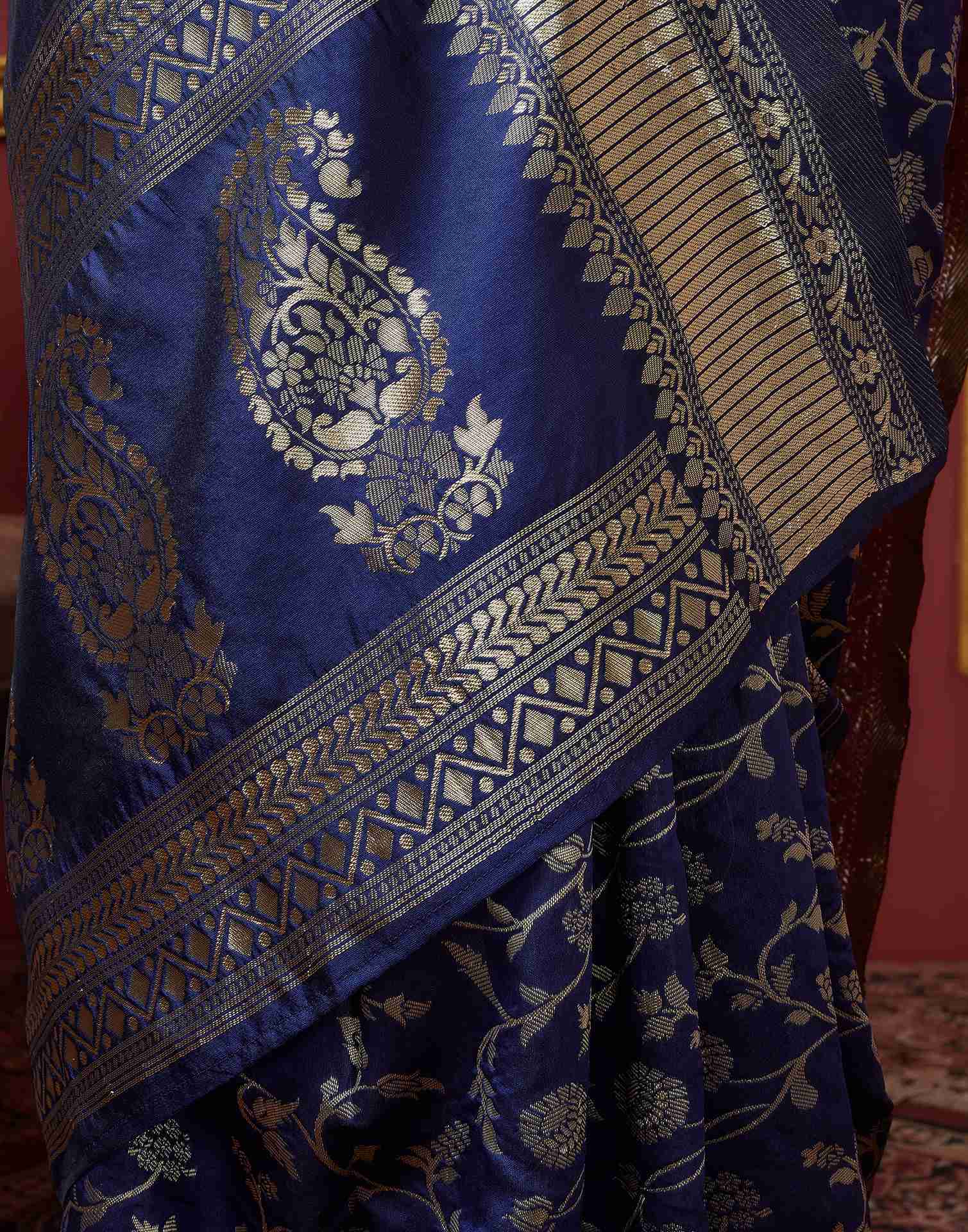 Navy Blue Floral Banarasi Silk Saree