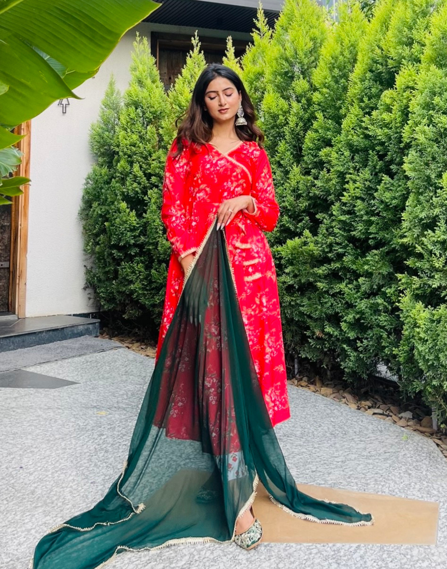 Cherry Red Printed Angrakha Kurti with Pant And Dupatta