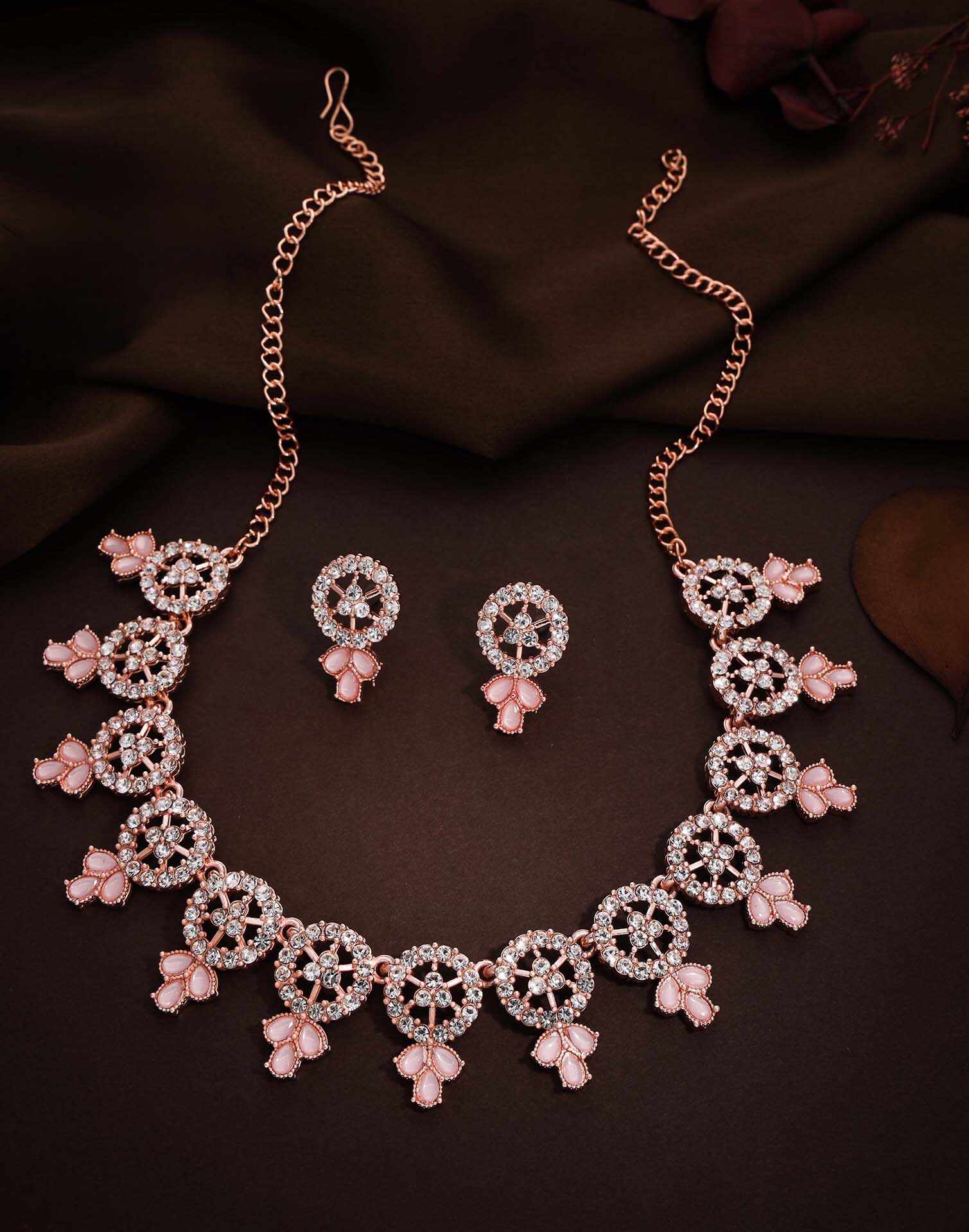 Pink Rose Gold Choker Necklace Set With Stud Earring