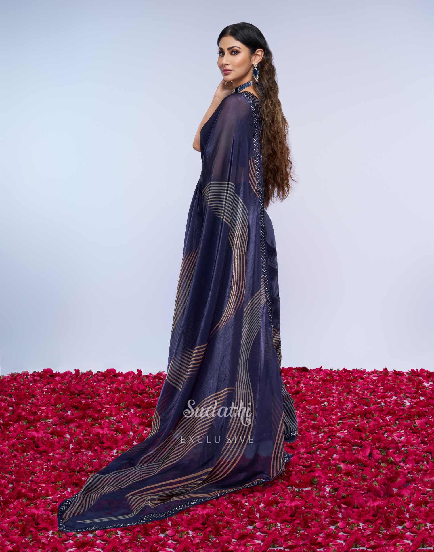Mouni Roy Midnight Blue Gold Swarovski Saree