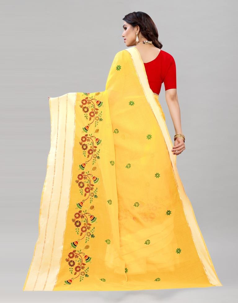 Yellow Coloured Poly Cotton Embroidered Partywear saree | Sudathi