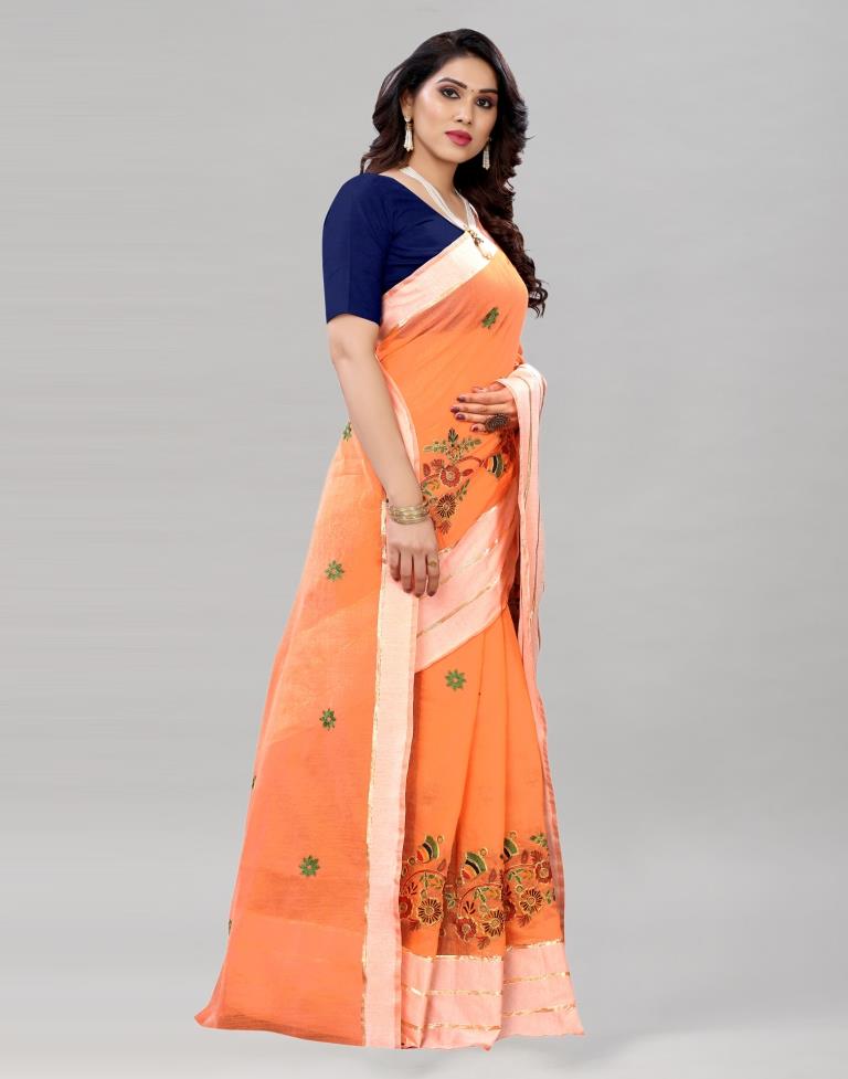 Melon Orange Coloured Poly Cotton Embroidered Partywear saree | Sudathi