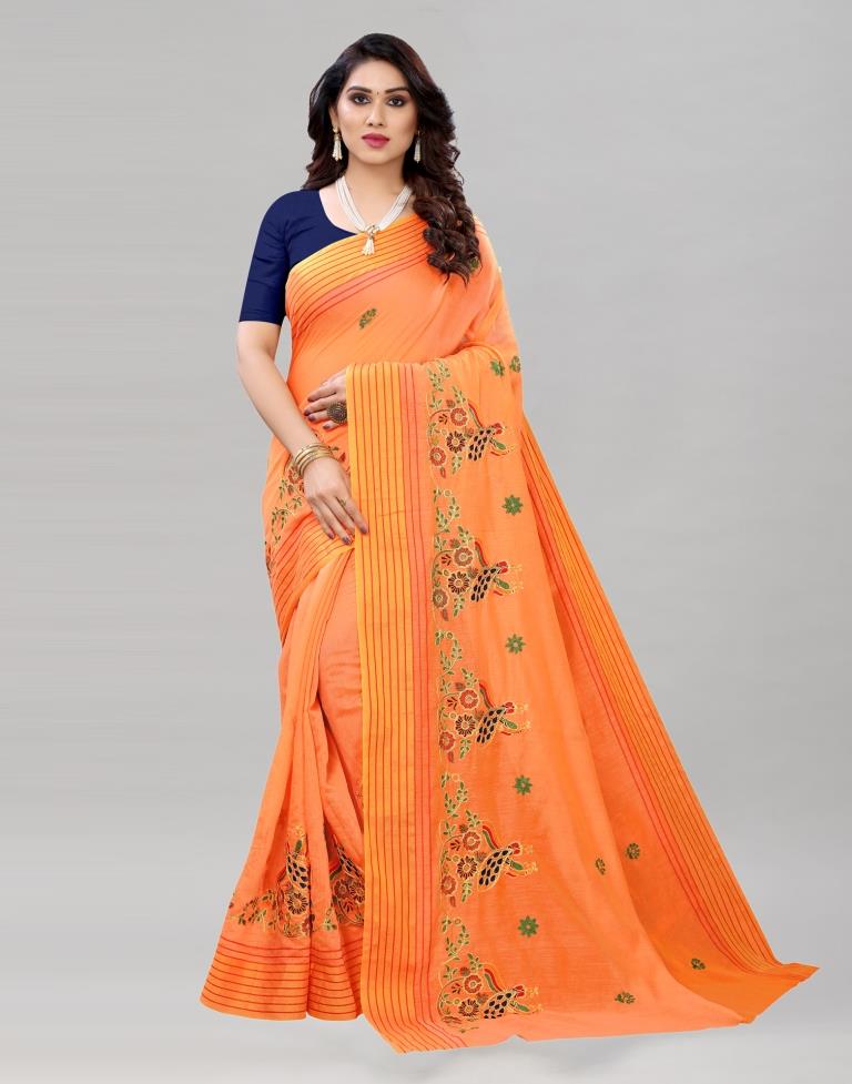 Melon Orange Coloured Poly Cotton Embroidered Partywear saree | Sudathi