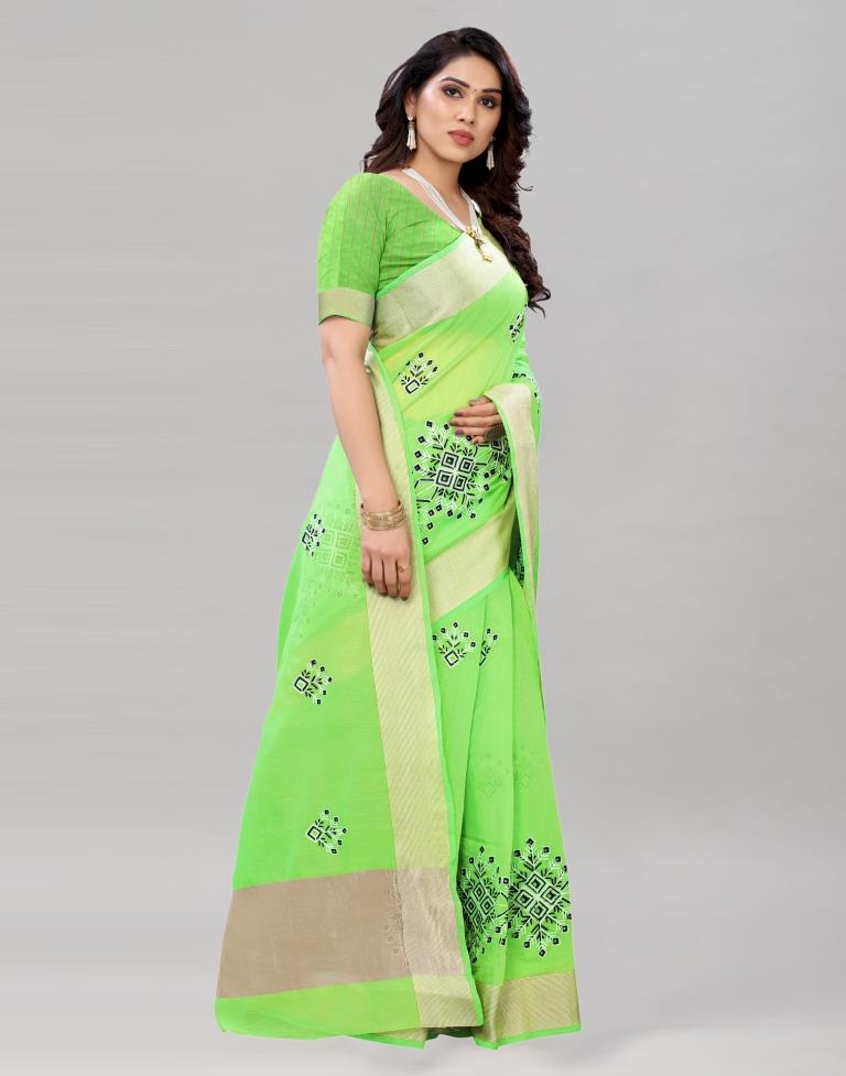 Neon Green Coloured Poly Cotton Embroidered Partywear saree | Sudathi