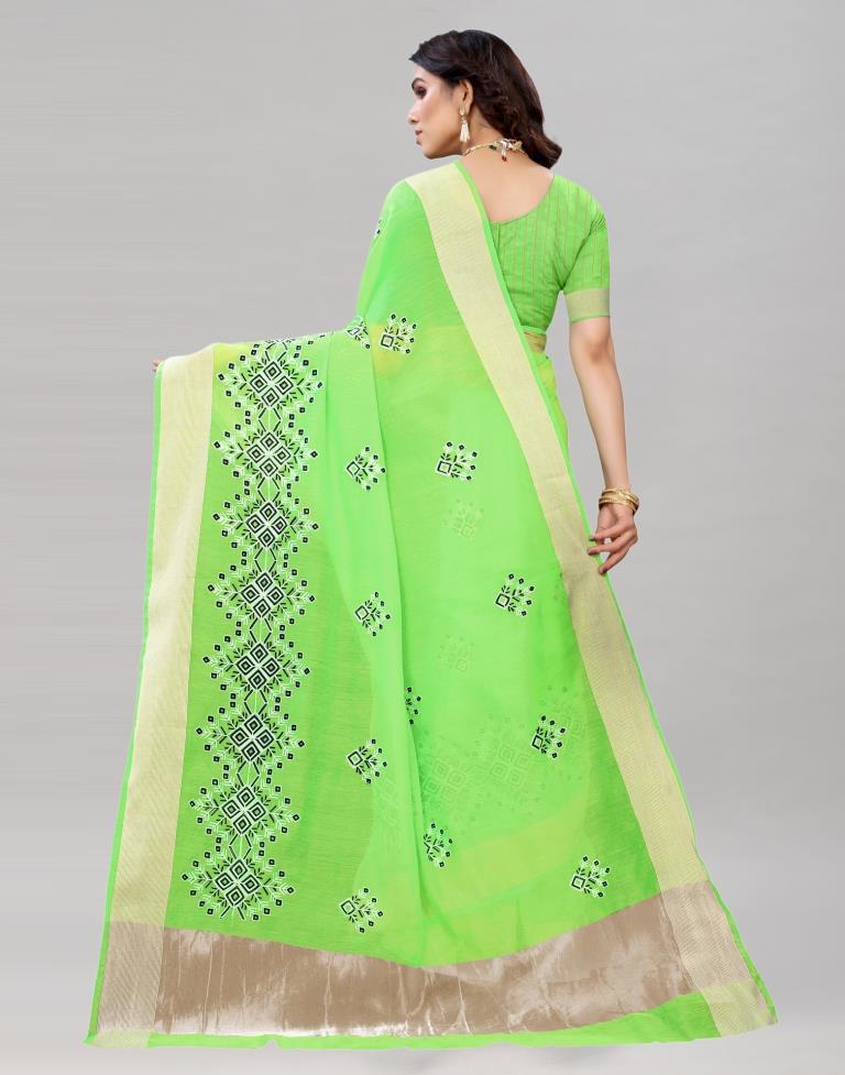 Neon Green Coloured Poly Cotton Embroidered Partywear saree | Sudathi