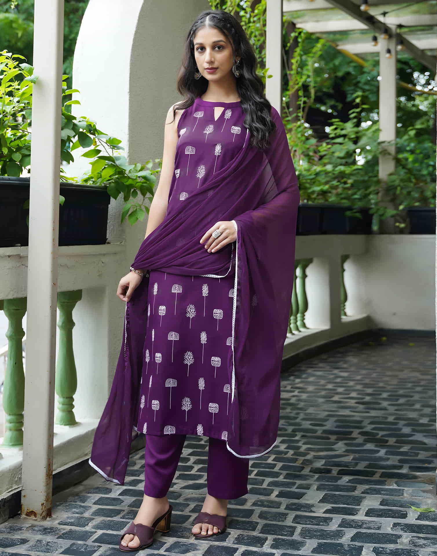 Deep Purple Cotton Printed Straight Kurta Set With Dupatta