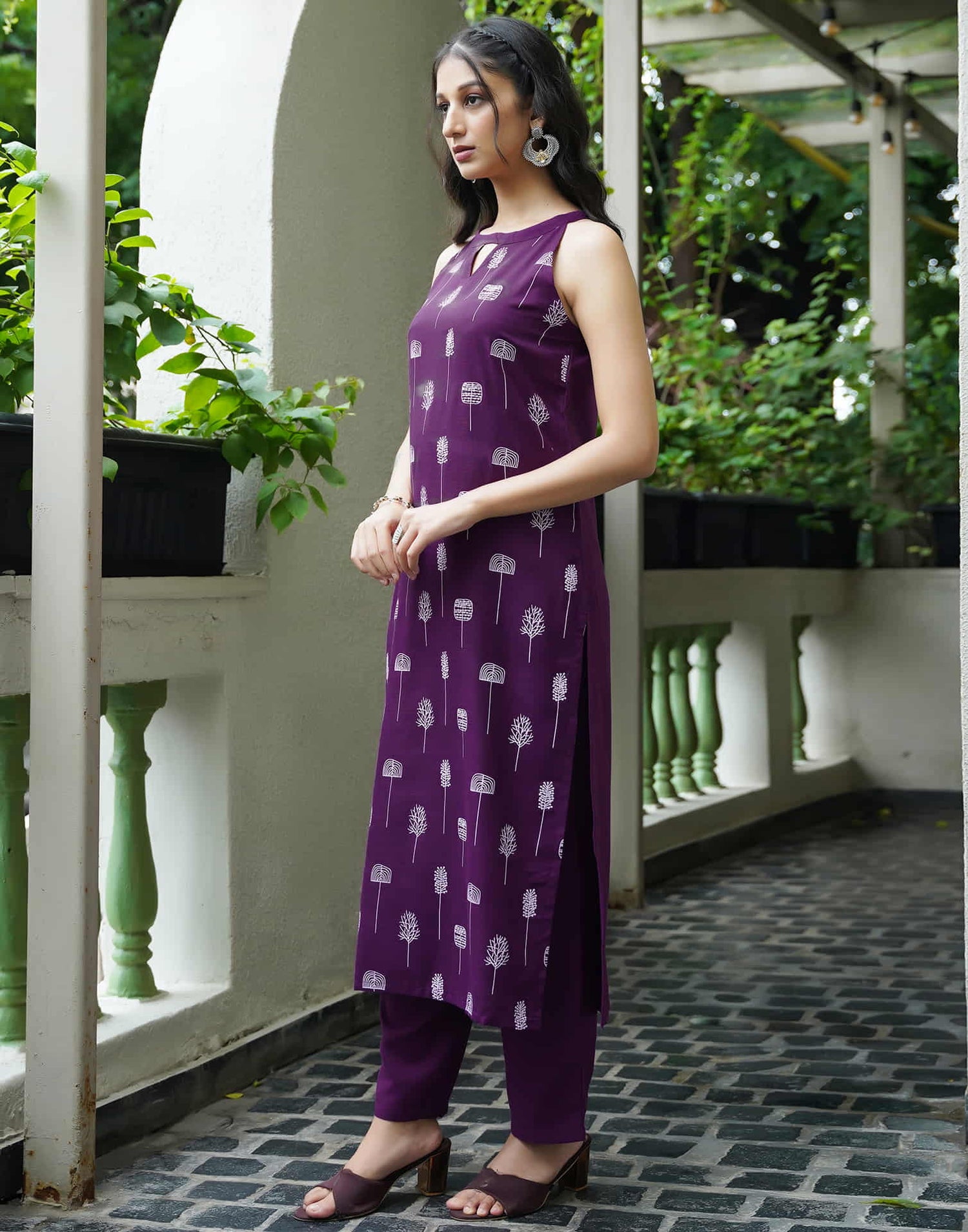 Deep Purple Cotton Printed Straight Kurta Set With Dupatta