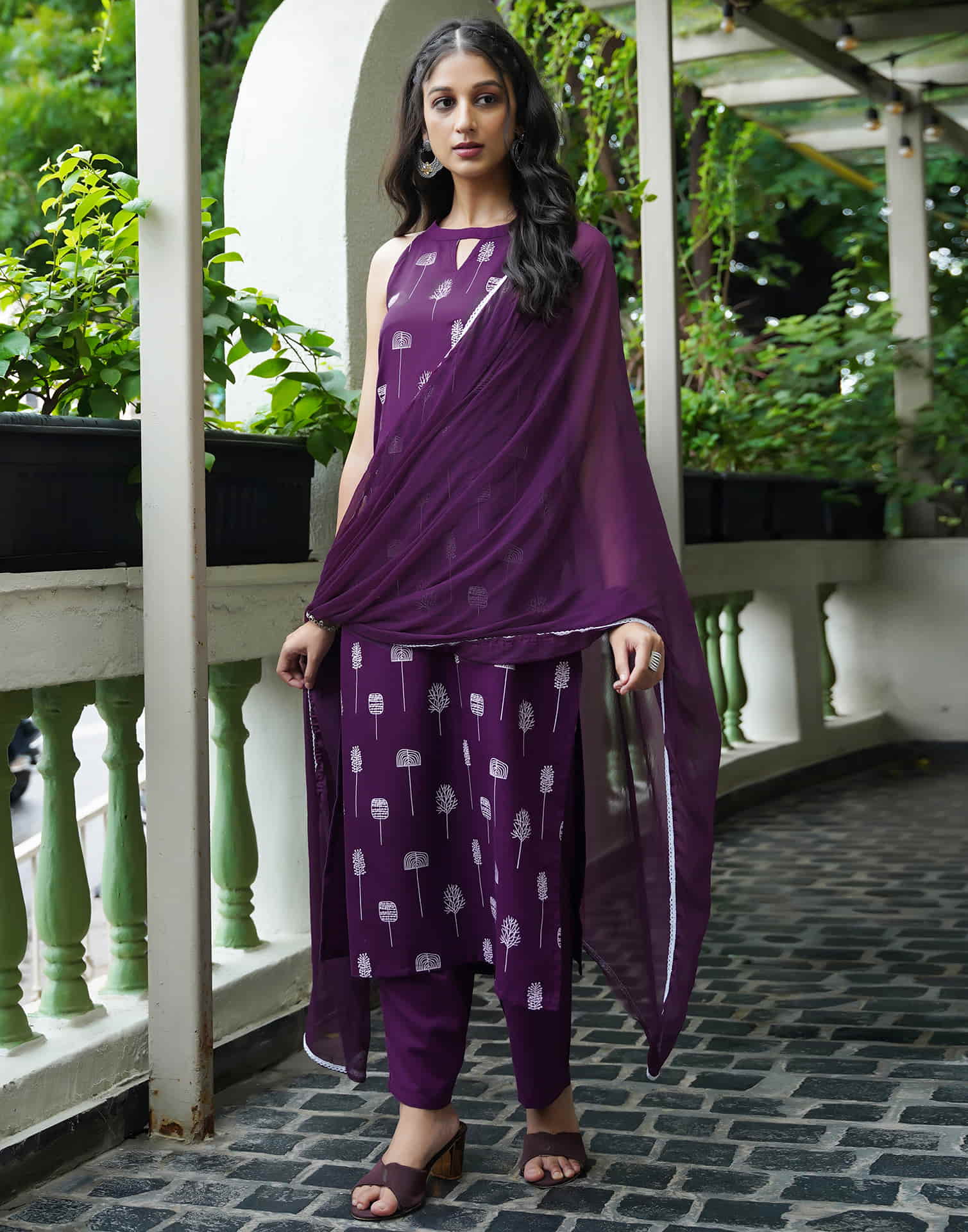 Deep Purple Cotton Printed Straight Kurta Set With Dupatta