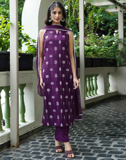 Deep Purple Cotton Printed Straight Kurta Set With Dupatta