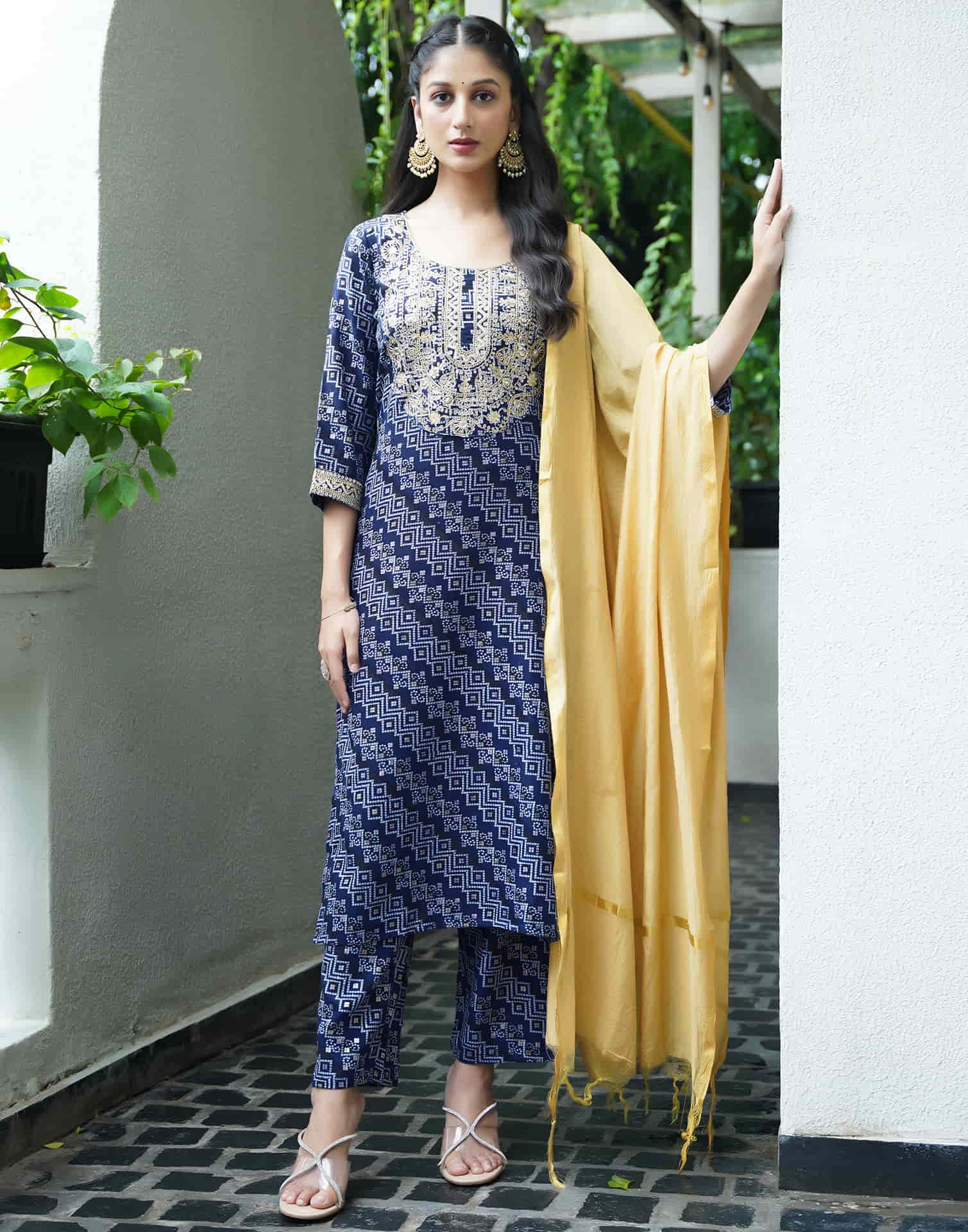 Navy Blue Cotton Printed Straight Kurta Set With Dupatta