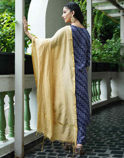 Navy Blue Cotton Printed Straight Kurta Set With Dupatta