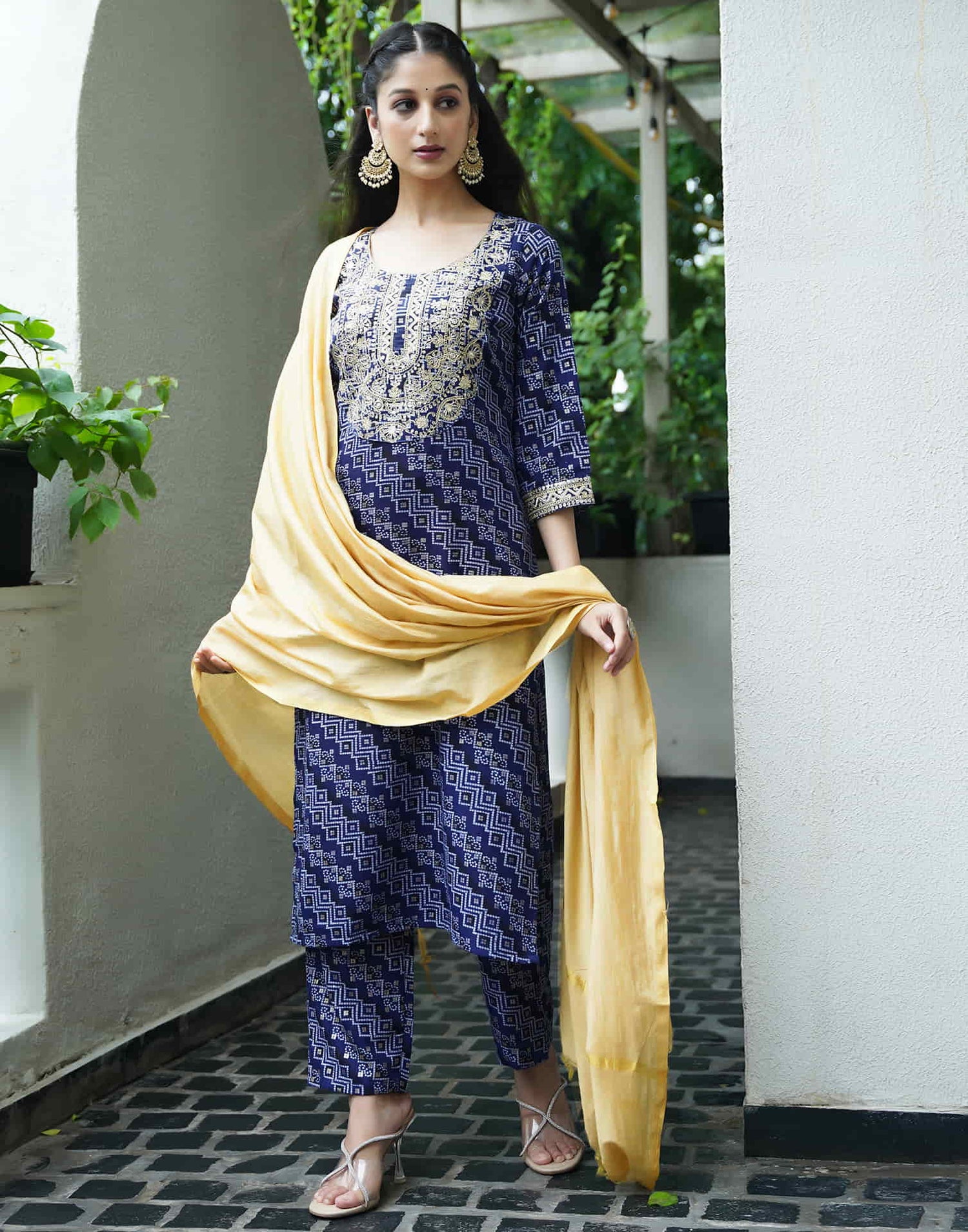 Navy Blue Cotton Printed Straight Kurta Set With Dupatta