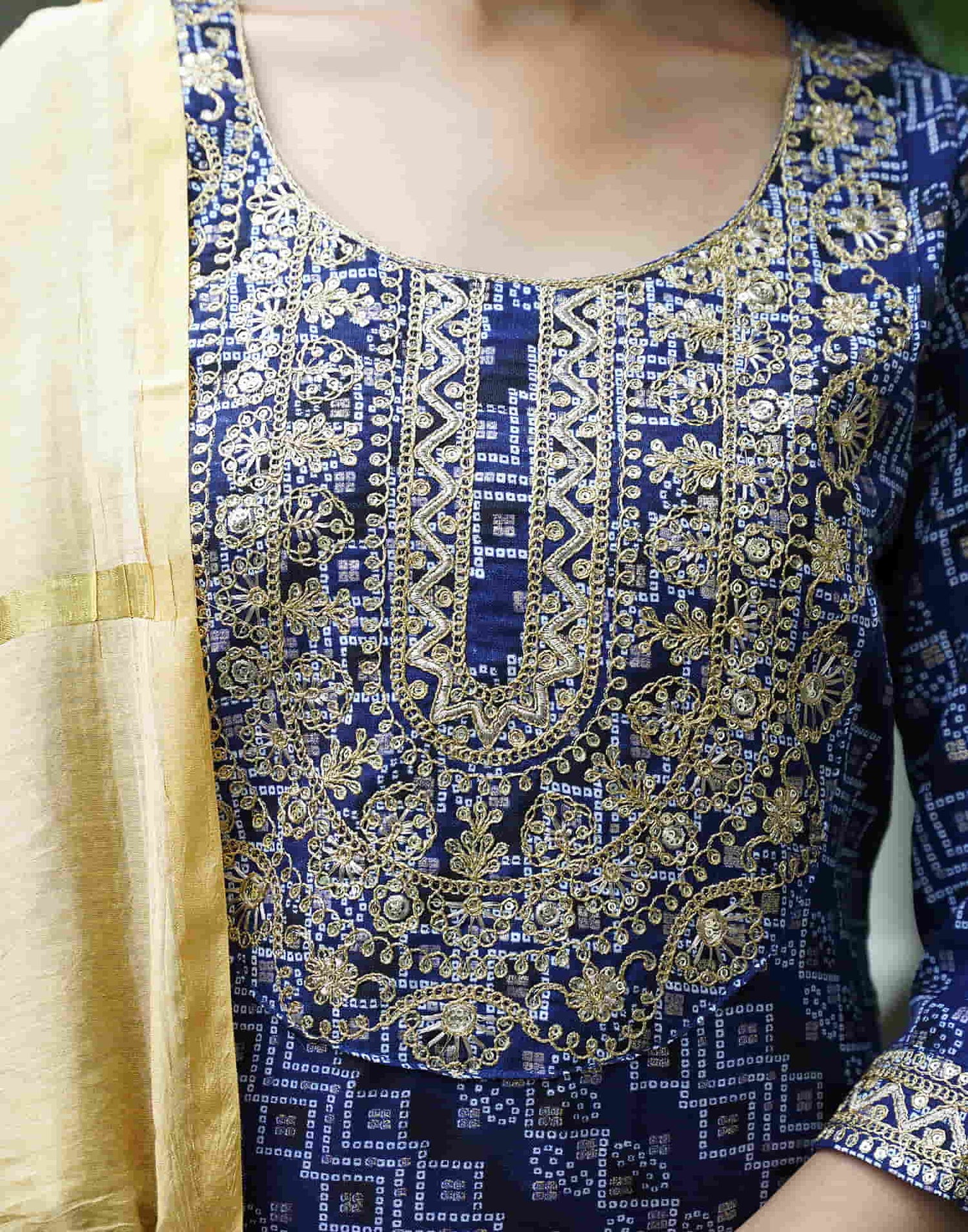 Navy Blue Cotton Printed Straight Kurta Set With Dupatta