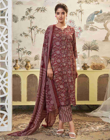 Marron Printed Cotton Straight Kurta Set With Dupatta