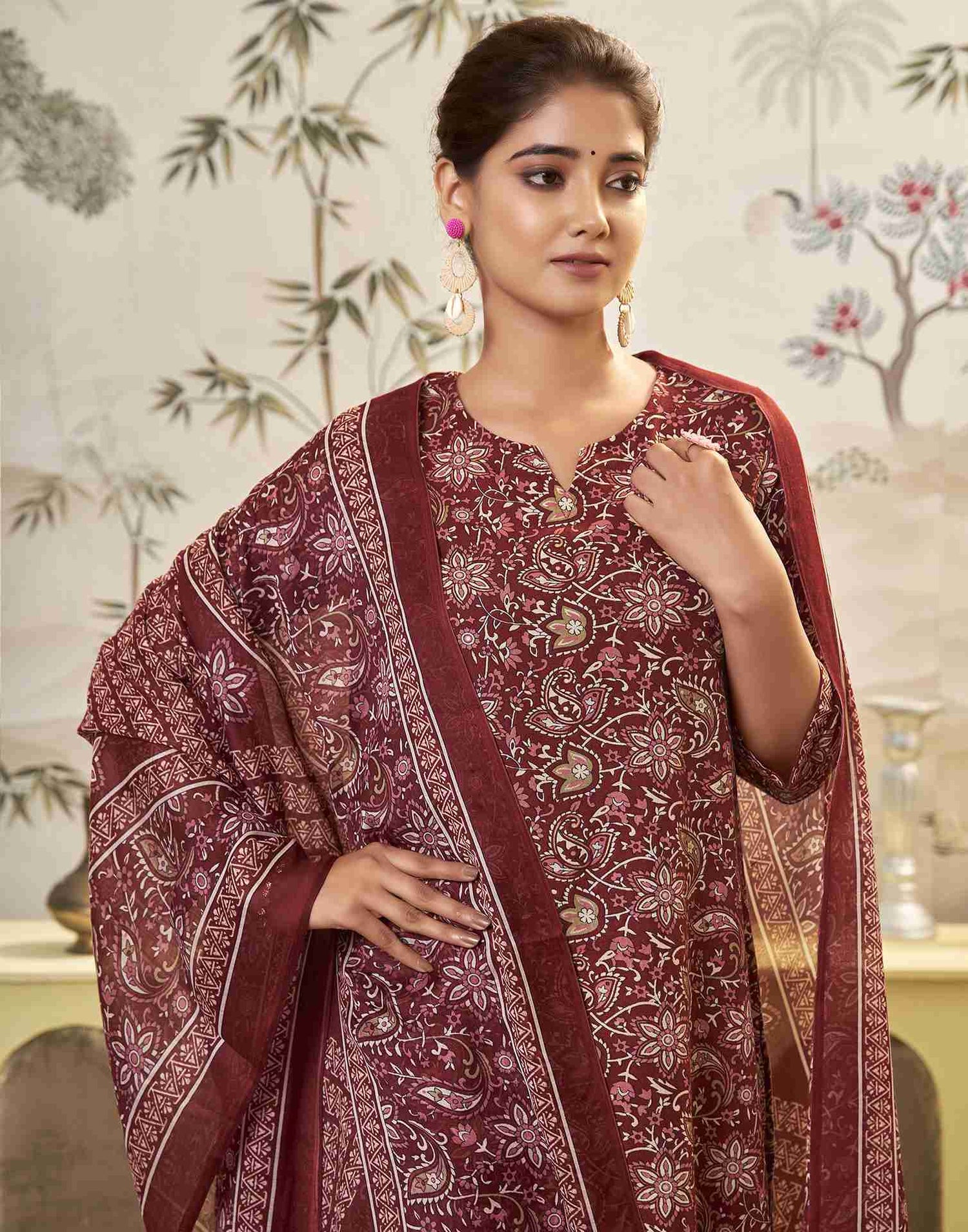 Marron Printed Cotton Straight Kurta Set With Dupatta