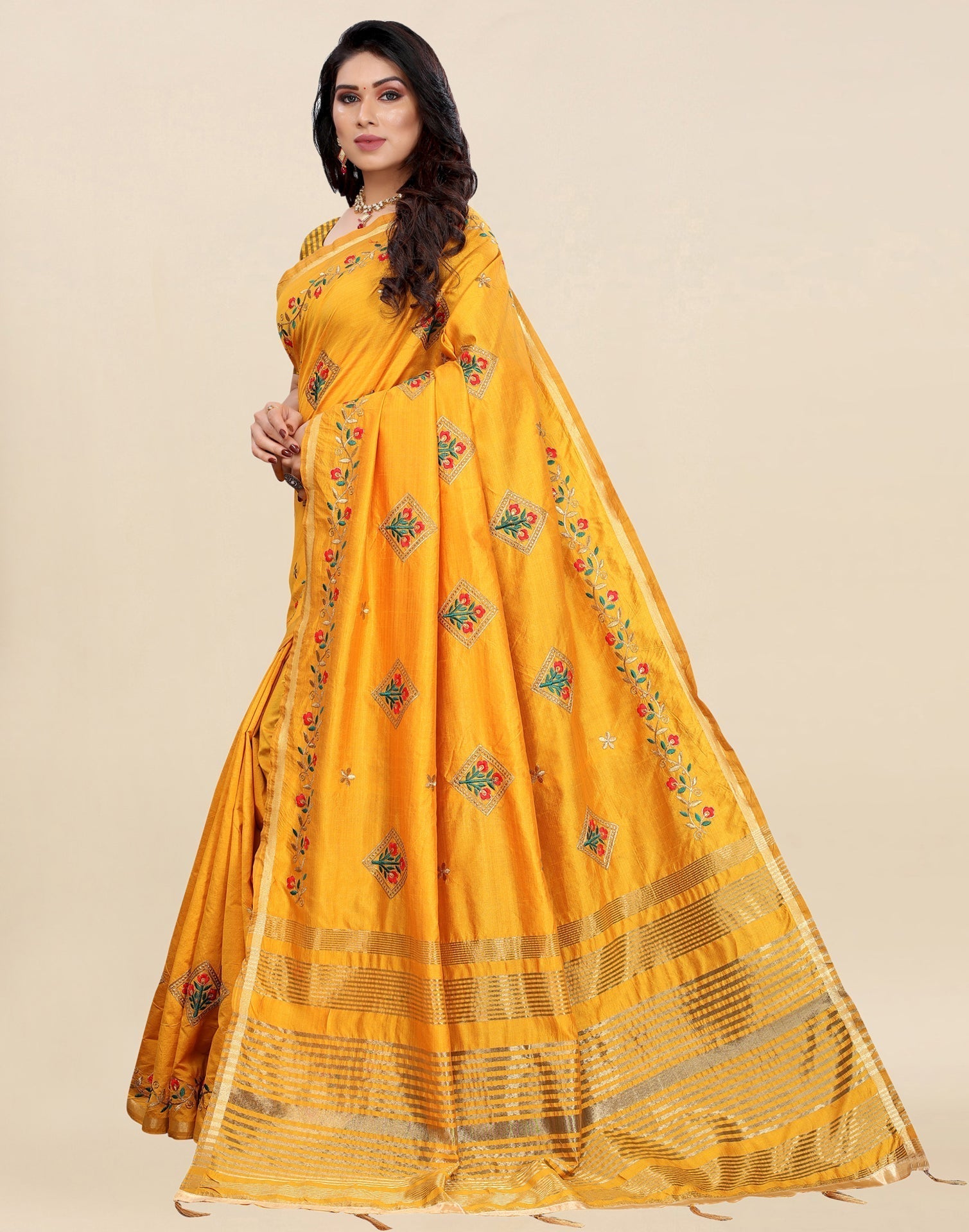 Mustard Yellow Embroidered Silk Saree | Sudathi