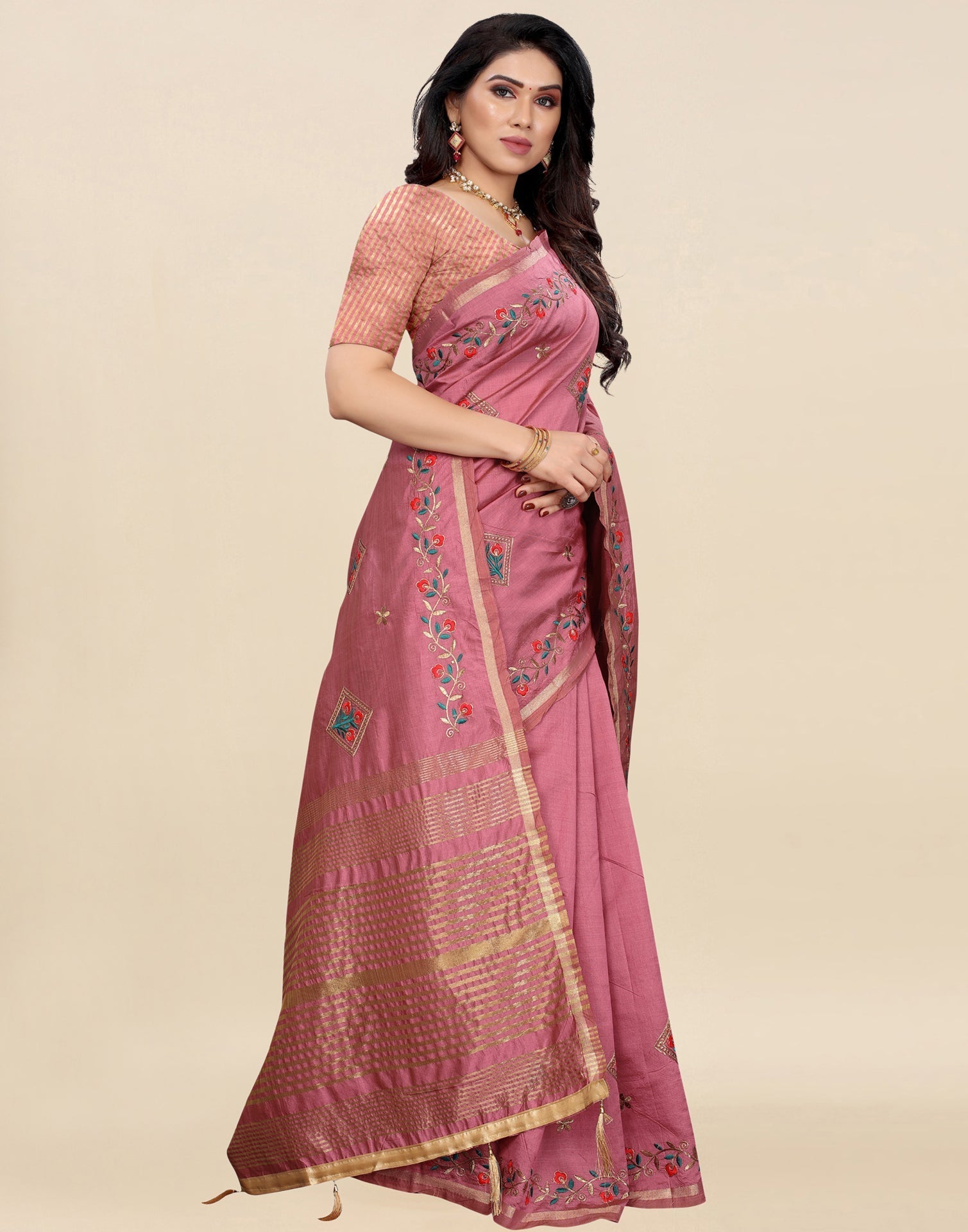 Rose Pink Embroidered Silk Saree | Sudathi