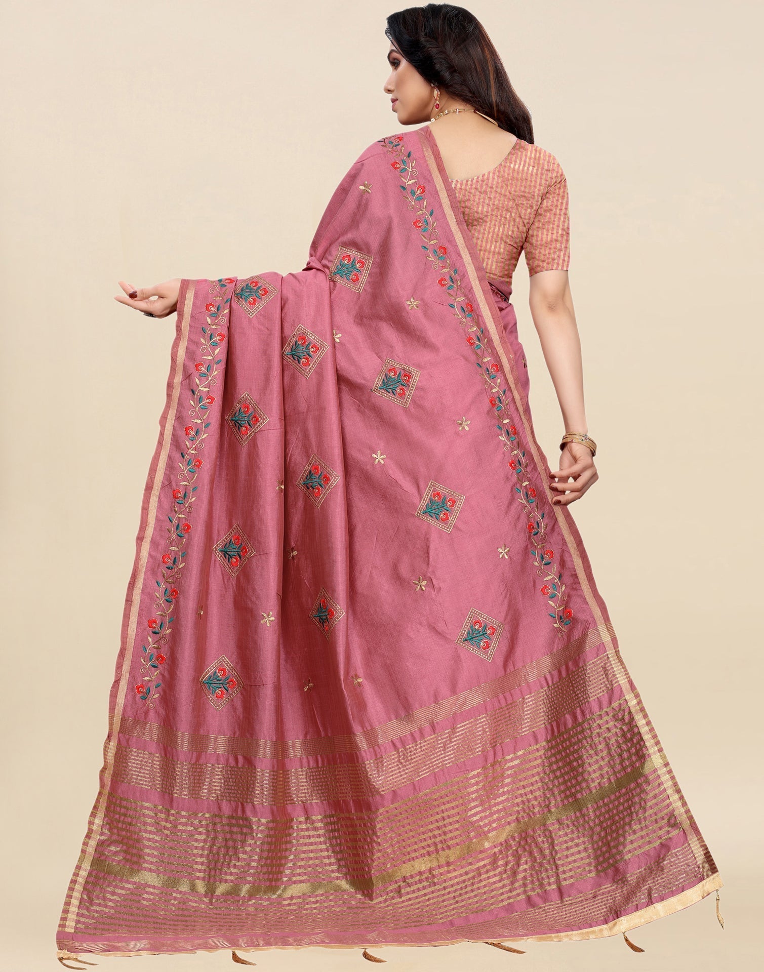 Rose Pink Embroidered Silk Saree | Sudathi