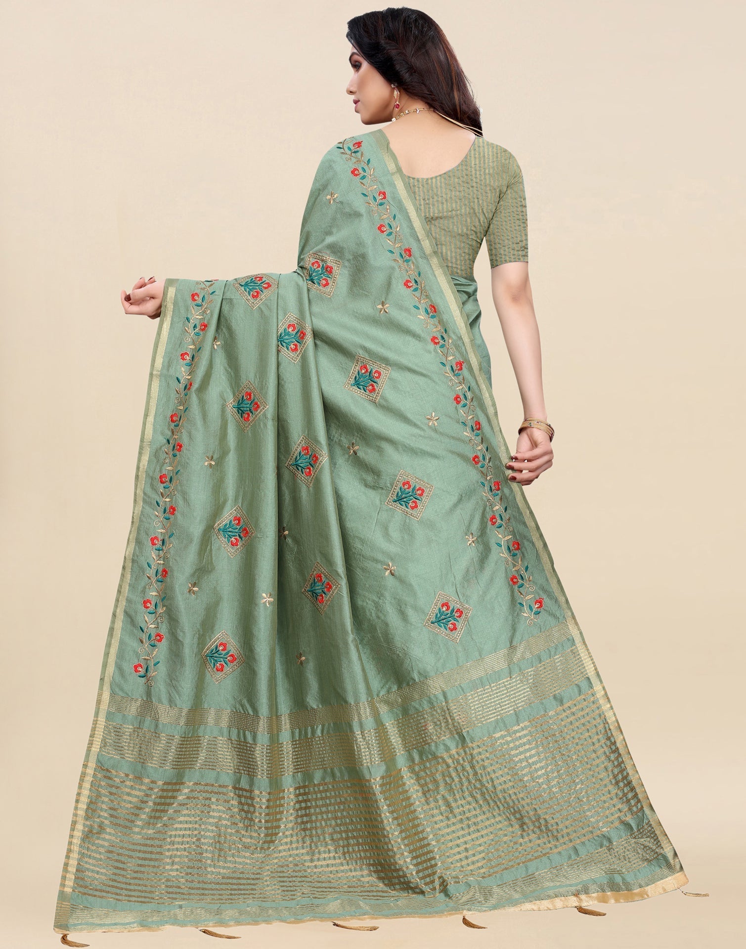 Pista Cream Embroidered Silk Saree | Sudathi