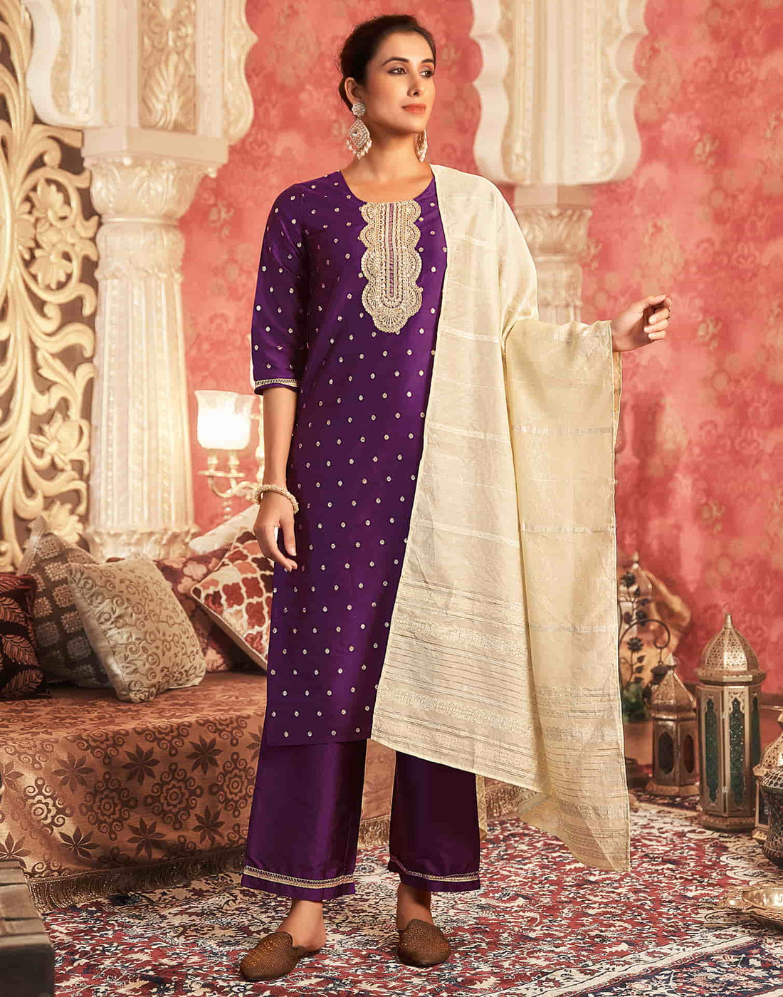 Deep Purple Silk Plain Straight Kurta Set With Dupatta