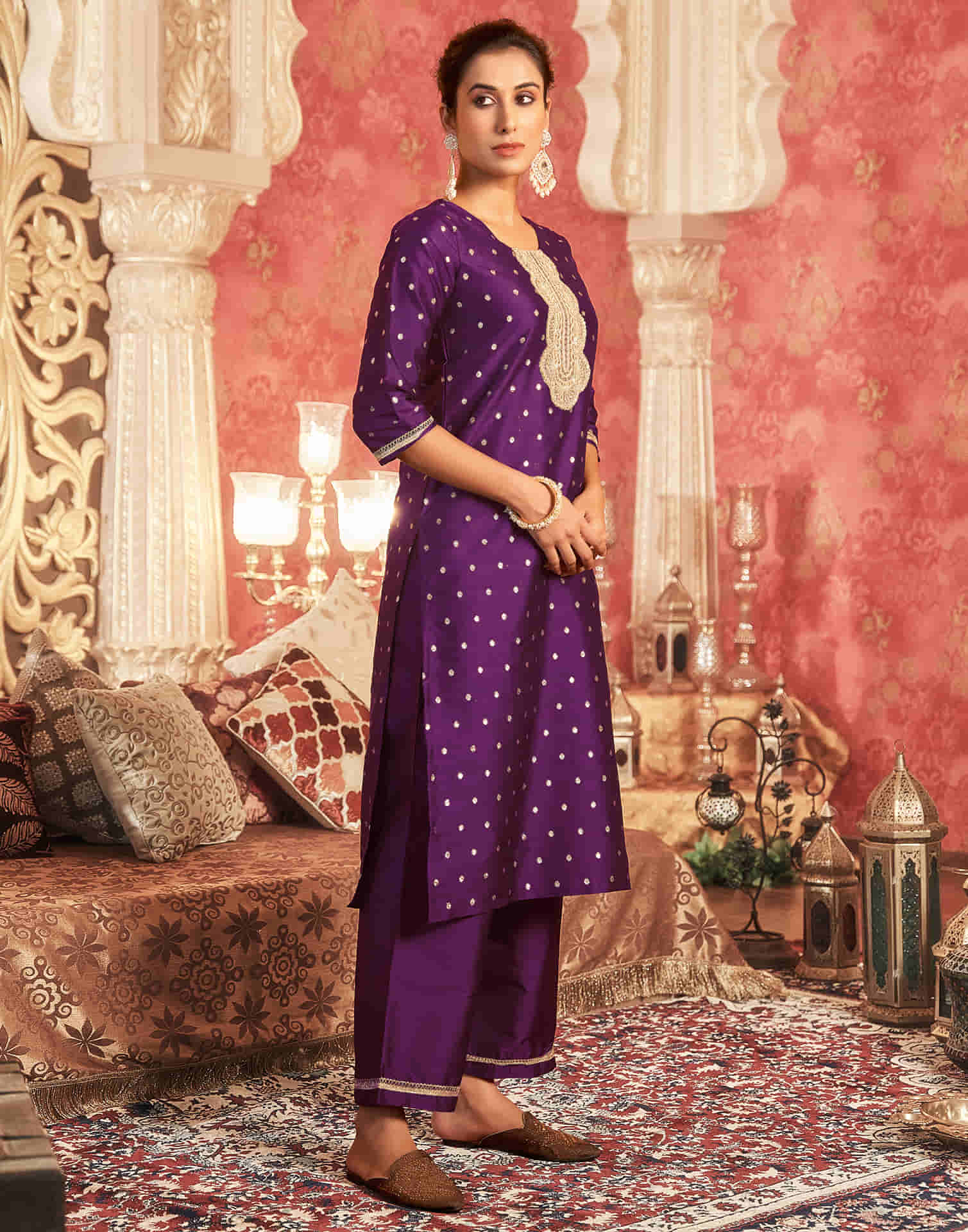 Deep Purple Silk Plain Straight Kurta Set With Dupatta