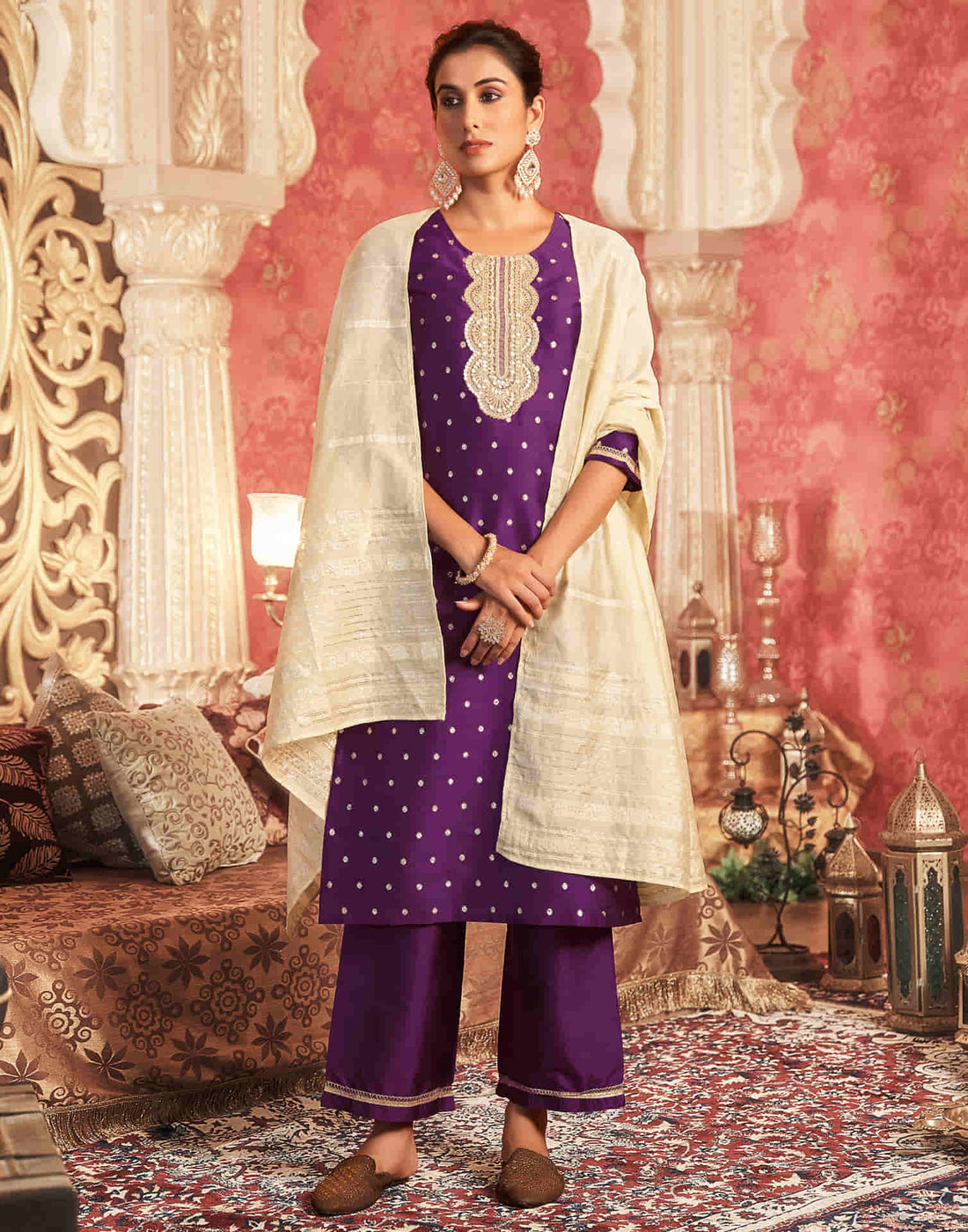 Deep Purple Silk Plain Straight Kurta Set With Dupatta