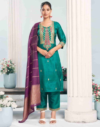 Rama Green Simba Check Embroidery Straight Kurta With Pant And Dupatta