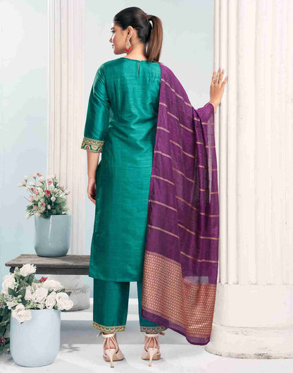 Rama Green Simba Check Embroidery Straight Kurta With Pant And Dupatta