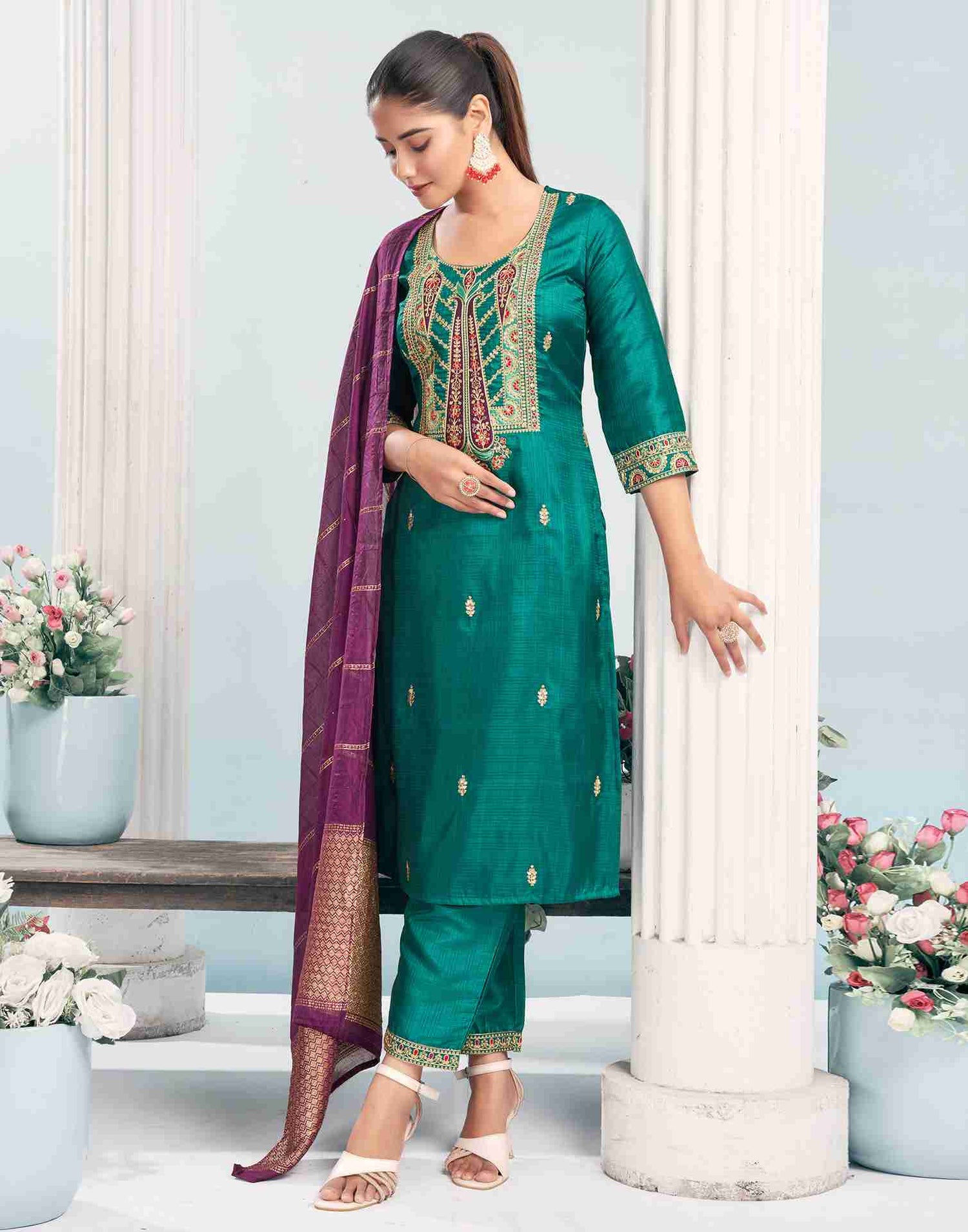 Rama Green Simba Check Embroidery Straight Kurta With Pant And Dupatta