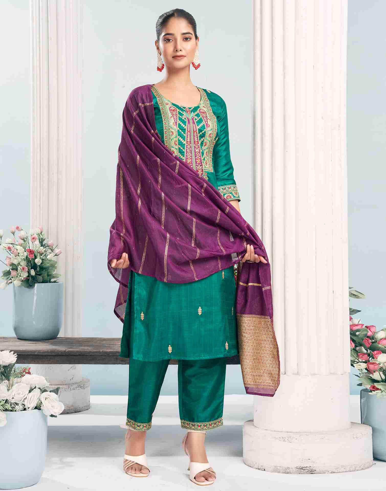 Rama Green Simba Check Embroidery Straight Kurta With Pant And Dupatta