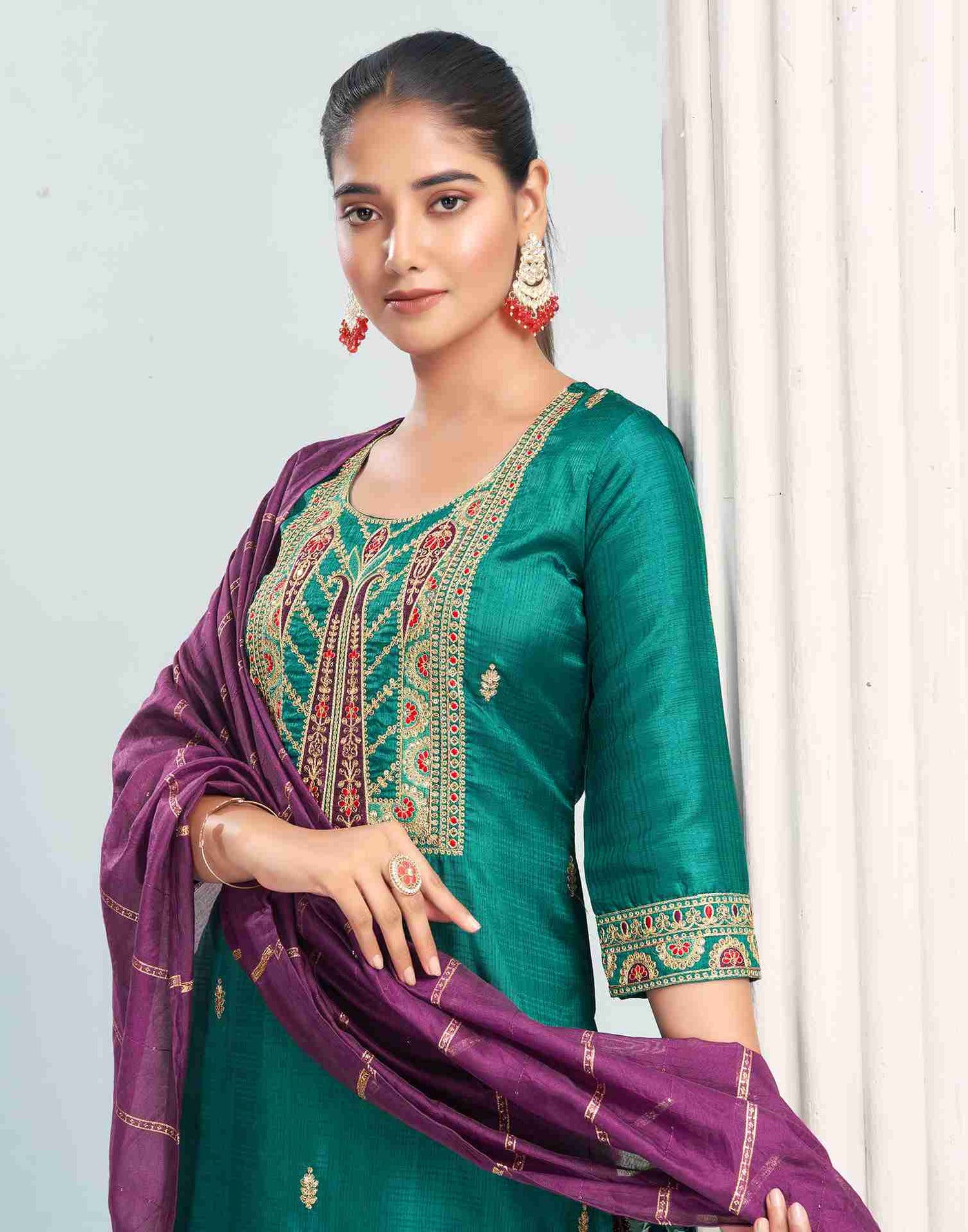 Rama Green Simba Check Embroidery Straight Kurta With Pant And Dupatta