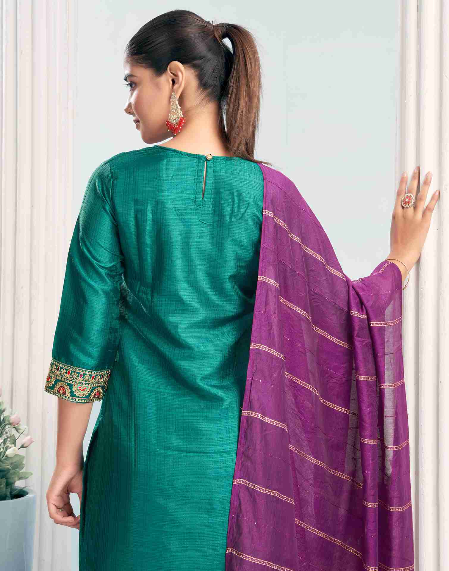 Rama Green Simba Check Embroidery Straight Kurta With Pant And Dupatta