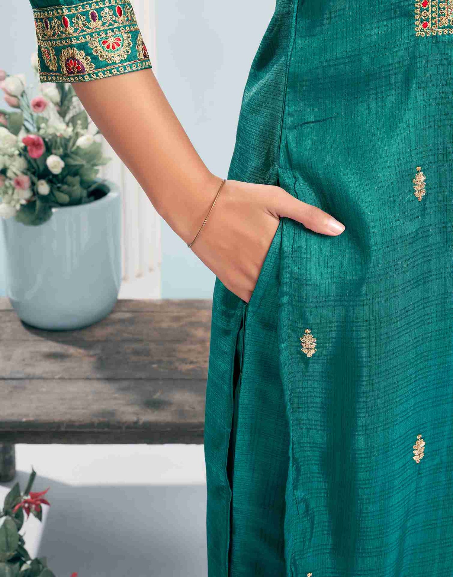 Rama Green Simba Check Embroidery Straight Kurta With Pant And Dupatta