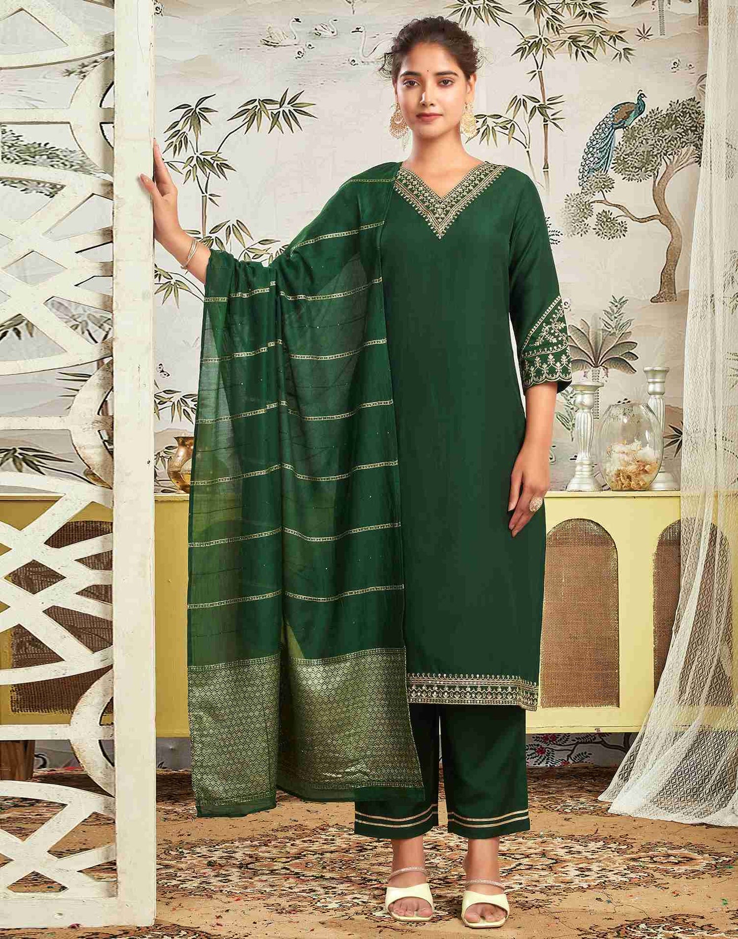 Dark Green Chinnon Embroidery Straight Kurta Set With Dupatta