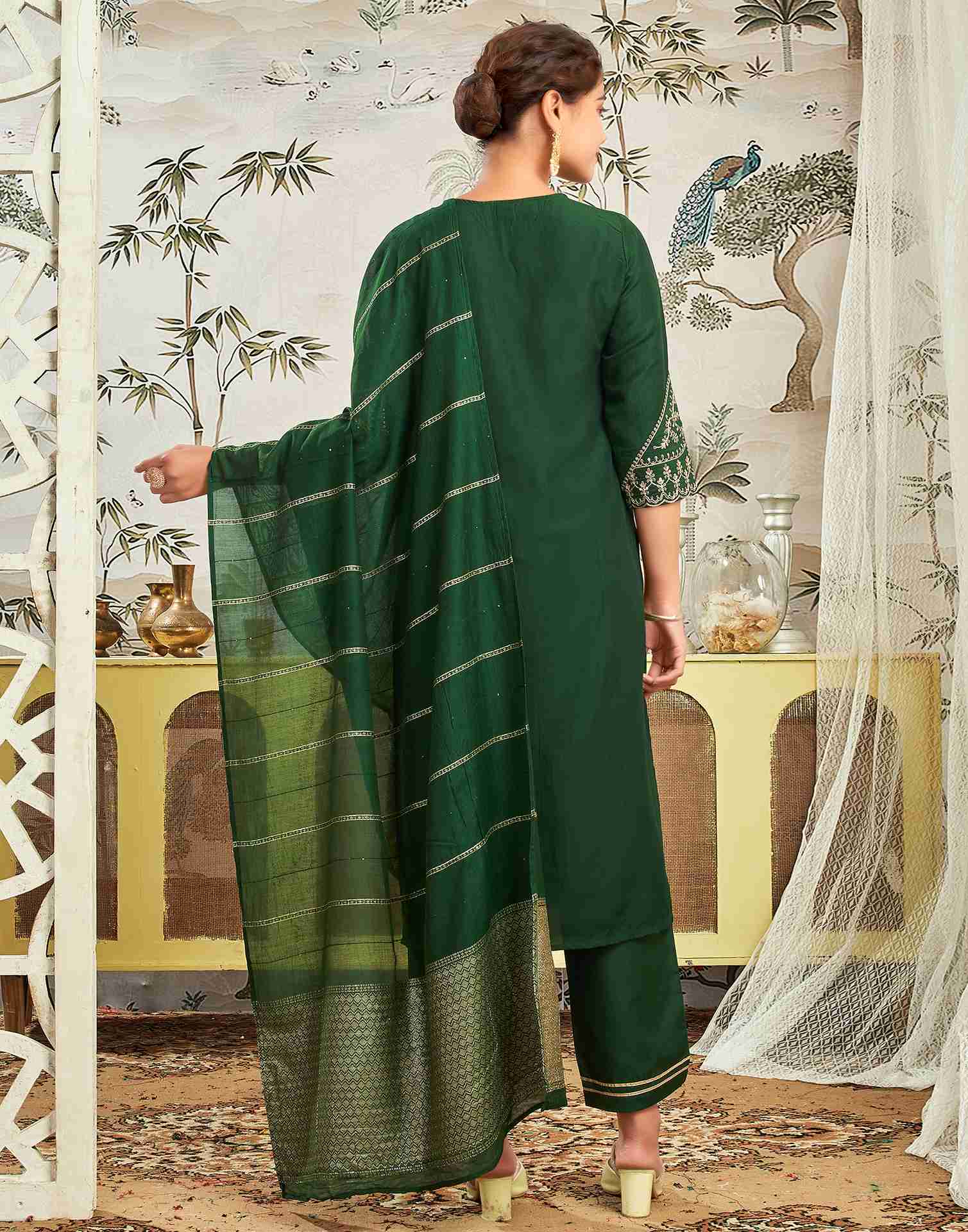 Dark Green Chinnon Embroidery Straight Kurta Set With Dupatta