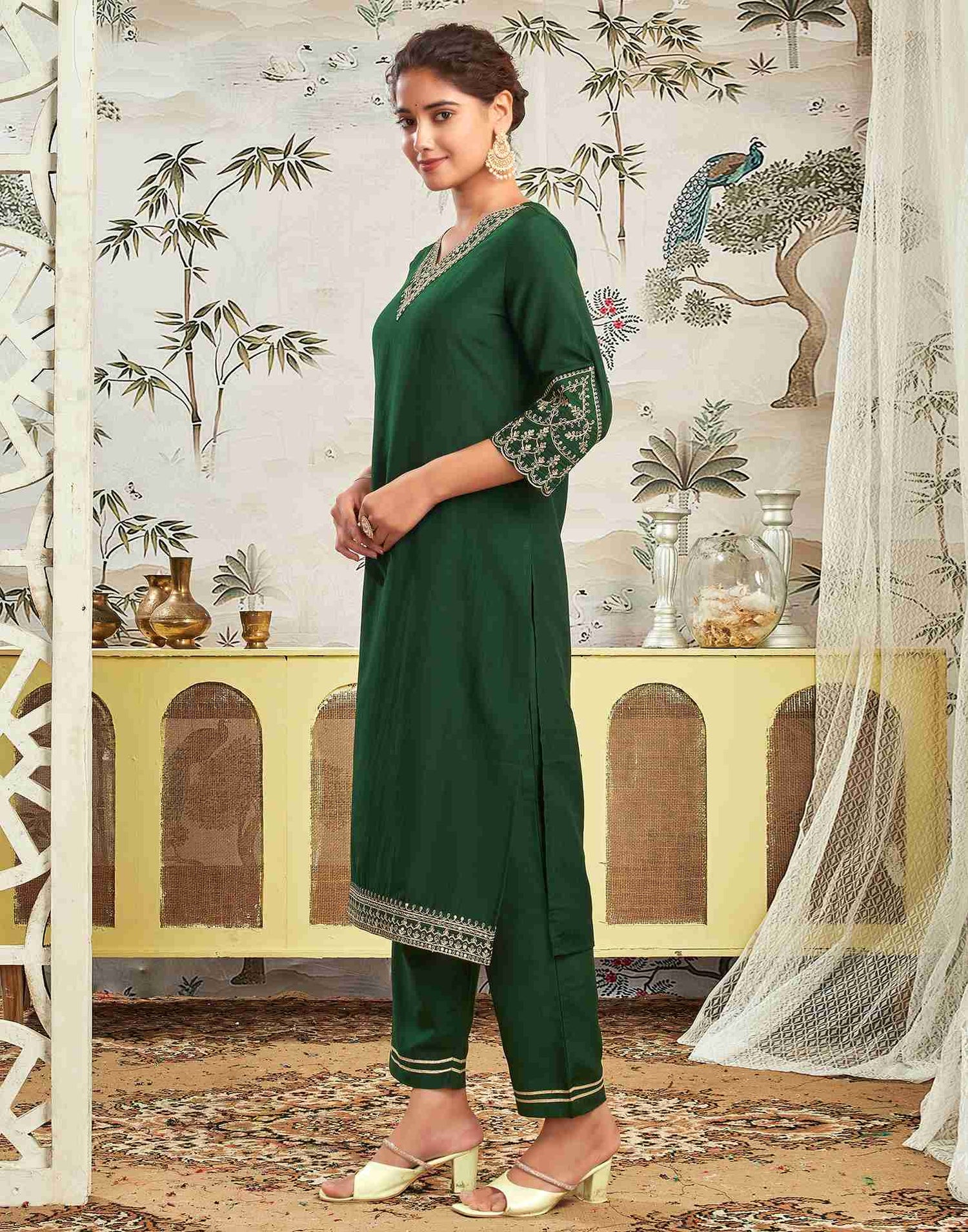 Dark Green Chinnon Embroidery Straight Kurta Set With Dupatta