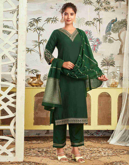 Dark Green Chinnon Embroidery Straight Kurta Set With Dupatta