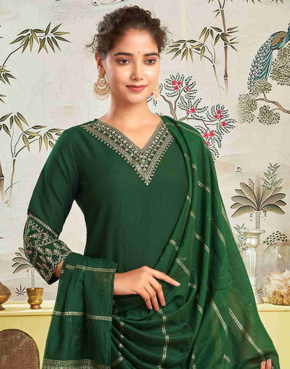 Dark Green Chinnon Embroidery Straight Kurta Set With Dupatta