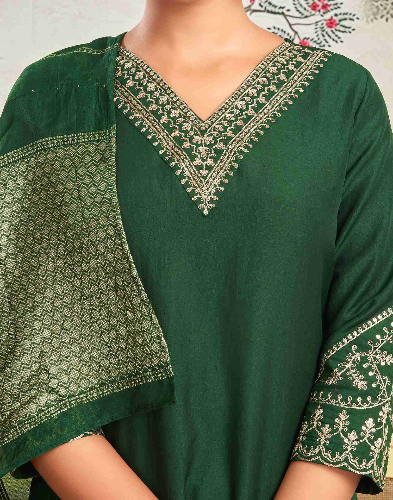 Dark Green Chinnon Embroidery Straight Kurta Set With Dupatta