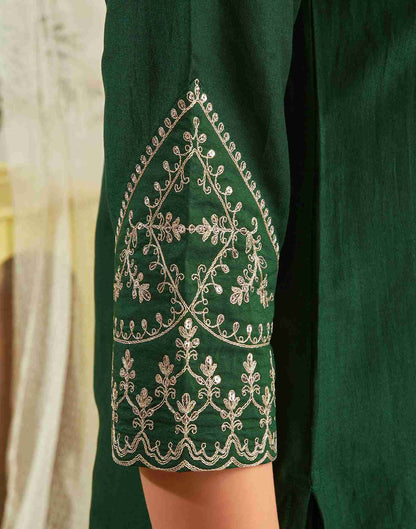 Dark Green Chinnon Embroidery Straight Kurta Set With Dupatta