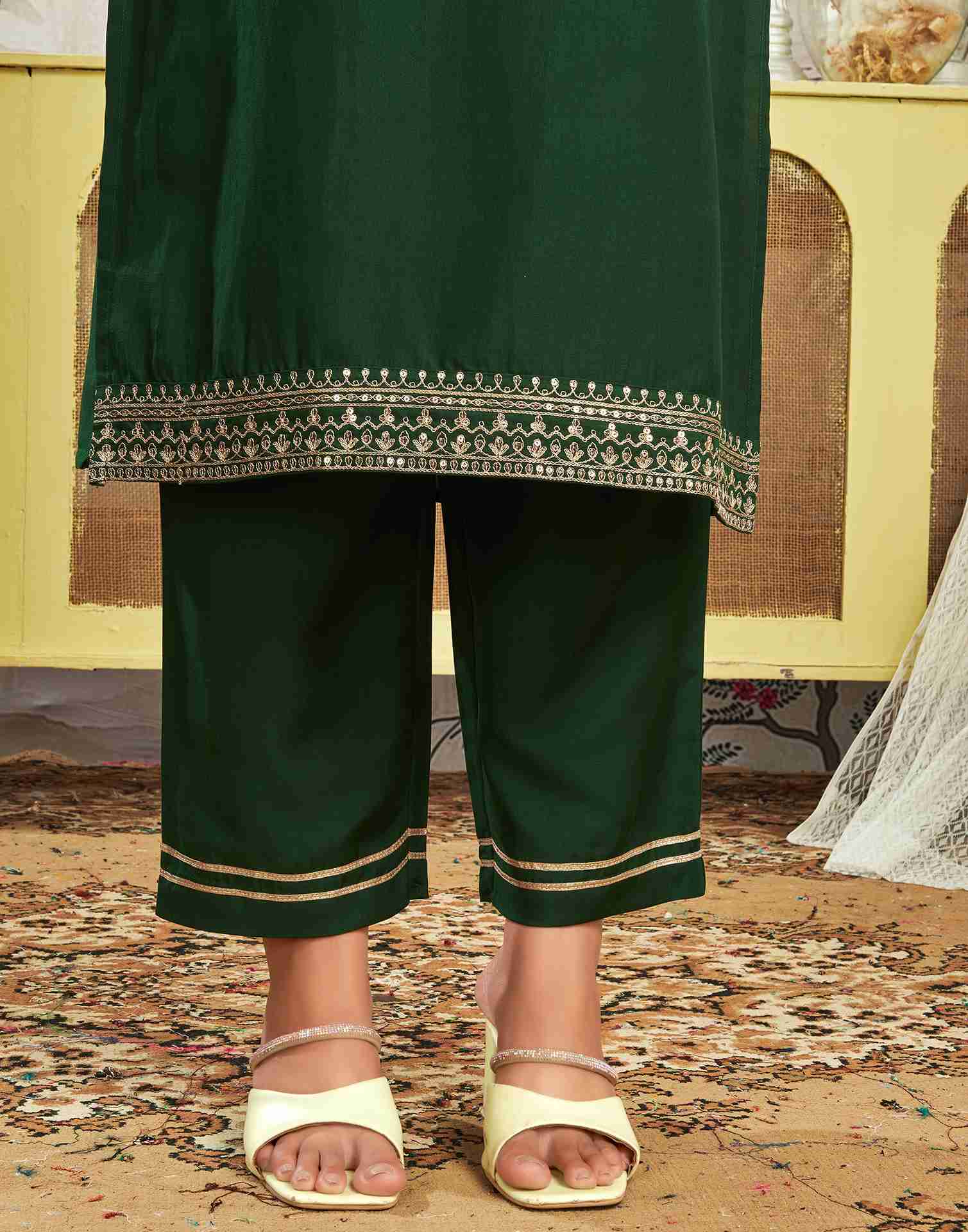 Dark Green Chinnon Embroidery Straight Kurta Set With Dupatta