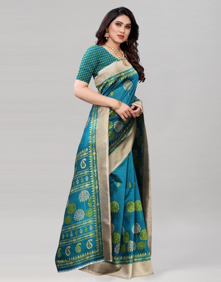 Rama Blue Coloured Poly Silk Printed Casual saree | Sudathi