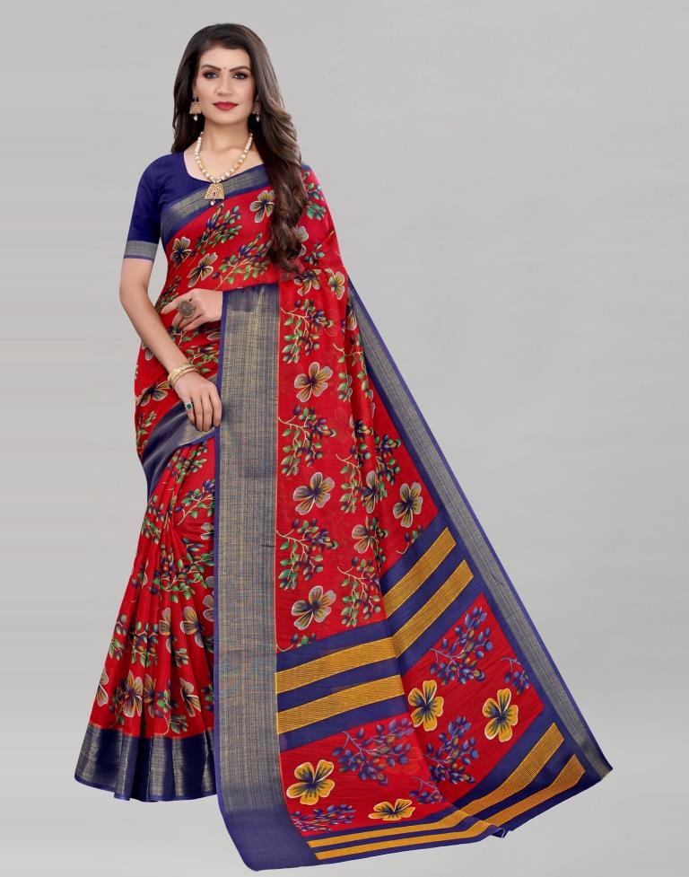 Red Coloured Poly Cotton Floral Printed Casual saree | Sudathi