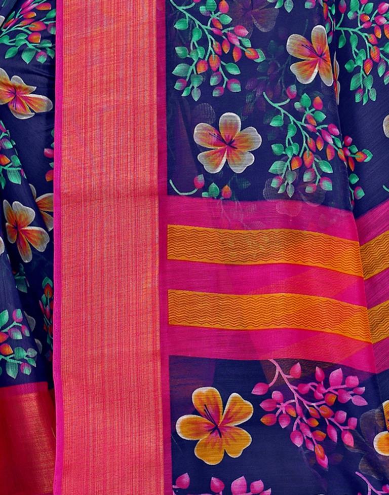 Navy Blue Coloured Poly Cotton Floral Printed Casual saree | Sudathi