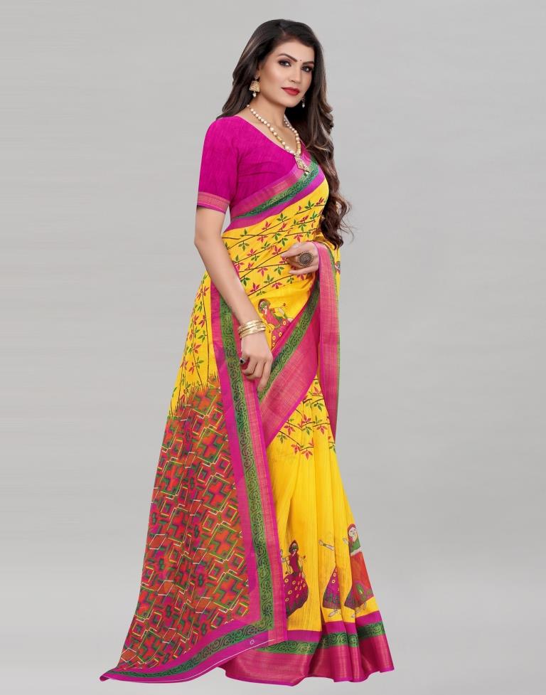 Yellow Coloured Poly Cotton Printed Casual saree | Sudathi