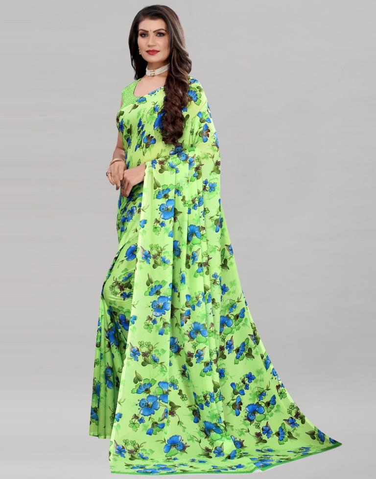 Parrot Green Coloured Georgette Floral Printed Casual saree | Sudathi